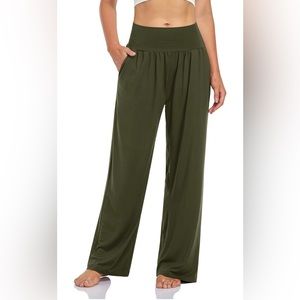 NWT Daceslon Smocked Lightweight Army Green High Waisted Wide Leg Yoga Pants